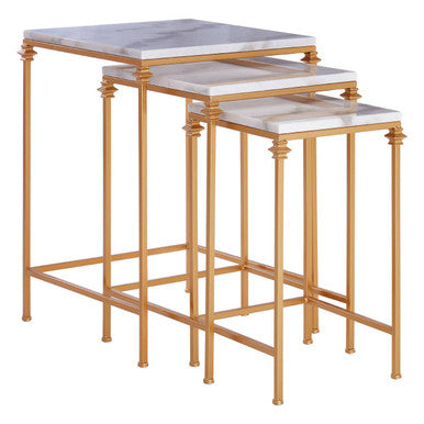 Set of 3 White Marble Tops Square Nesting Side Tables with Gold Finish Carved Metallic Legs, Avantis