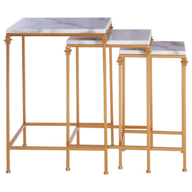 Set of 3 White Marble Tops Square Nesting Side Tables with Gold Finish Carved Metallic Legs, Avantis