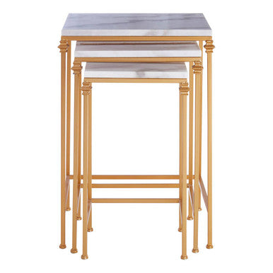 Set of 3 White Marble Tops Square Nesting Side Tables with Gold Finish Carved Metallic Legs, Avantis