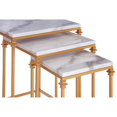 Set of 3 White Marble Tops Square Nesting Side Tables with Gold Finish Carved Metallic Legs, Avantis
