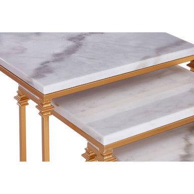 Set of 3 White Marble Tops Square Nesting Side Tables with Gold Finish Carved Metallic Legs, Avantis