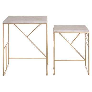 Set of 2 White Marble Square Nesting Tables with Champagne Finish Metallic Legs, Avantis