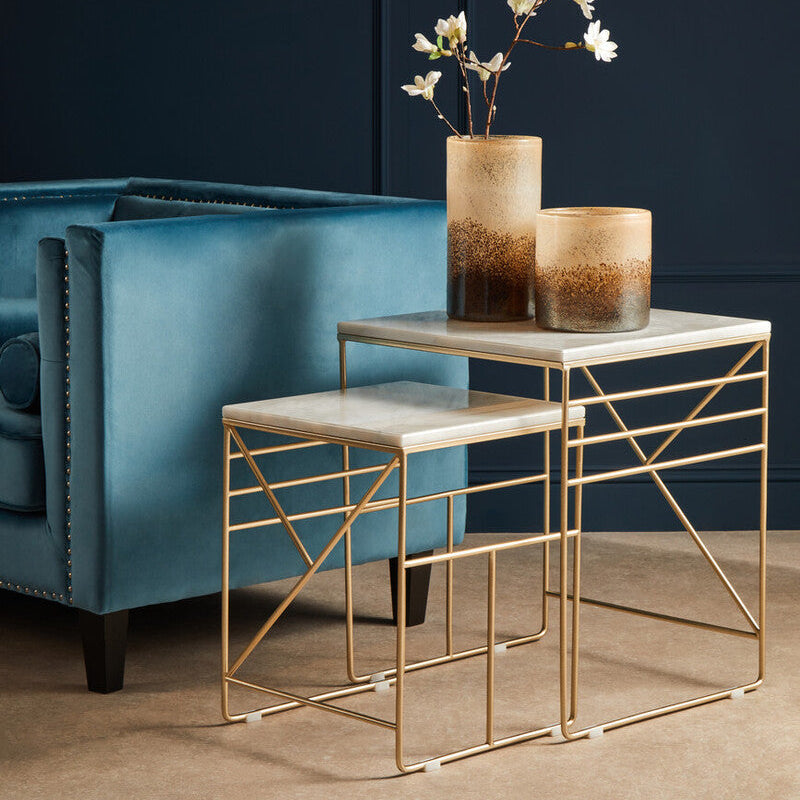 Set of 2 White Marble Square Nesting Tables with Champagne Finish Metallic Legs, Avantis