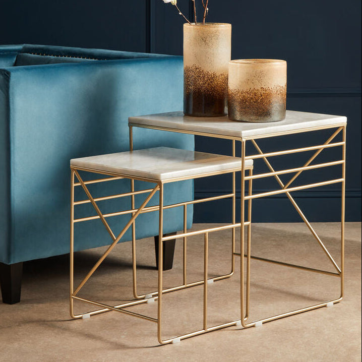 Set of 2 White Marble Square Nesting Tables with Champagne Finish Metallic Legs, Avantis