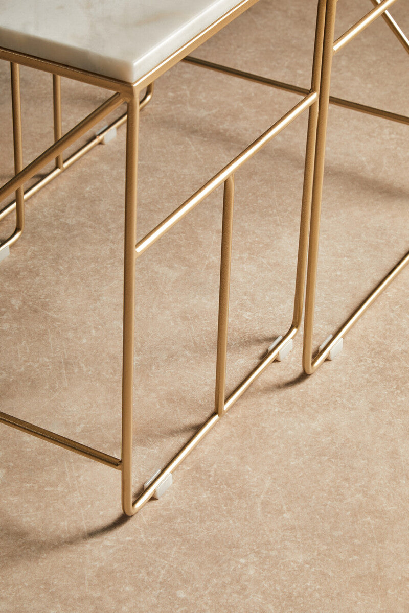 Set of 2 White Marble Square Nesting Tables with Champagne Finish Metallic Legs, Avantis