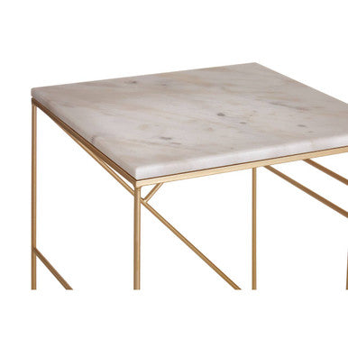 Set of 2 White Marble Square Nesting Tables with Champagne Finish Metallic Legs, Avantis