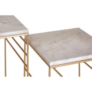 Set of 2 White Marble Square Nesting Tables with Champagne Finish Metallic Legs, Avantis
