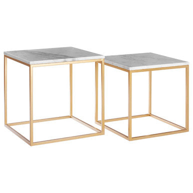 Set of Two White Marble Top Square Nesting Side Tables with Gold Metal Frame, Avantis