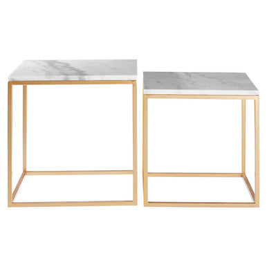 Set of Two White Marble Top Square Nesting Side Tables with Gold Metal Frame, Avantis