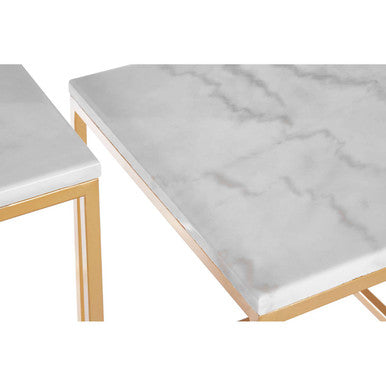 Set of Two White Marble Top Square Nesting Side Tables with Gold Metal Frame, Avantis