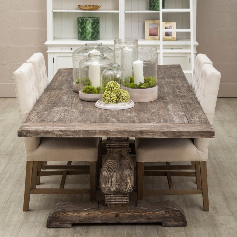 Brown Rustic Recycled Pine Wood Dining Table with Traditional Pedestal Legs, Lovina