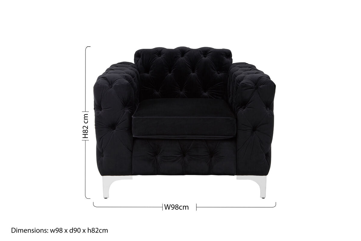 Madina Black Velvet Chesterfield Chair with Silver Finish Feet