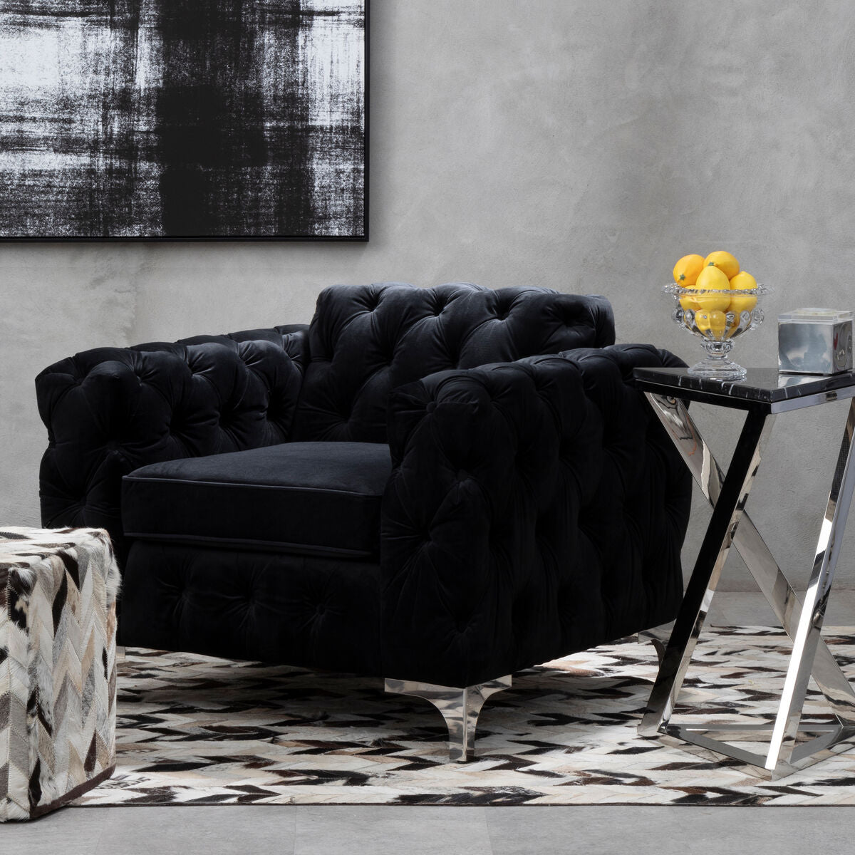 Madina Black Velvet Chesterfield Chair with Silver Finish Feet