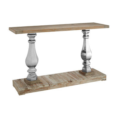 Brown Whitewash Pine Wooden Console Table with Carved Silver Pillar Columns and Brown Wooden Base, Richmond