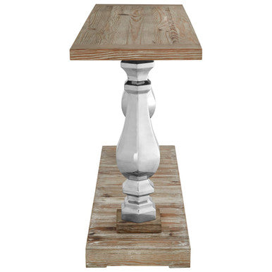 Brown Whitewash Pine Wooden Console Table with Carved Silver Pillar Columns and Brown Wooden Base, Richmond