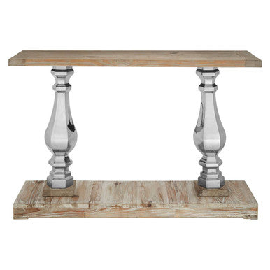 Brown Whitewash Pine Wooden Console Table with Carved Silver Pillar Columns and Brown Wooden Base, Richmond