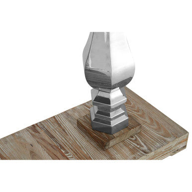 Brown Whitewash Pine Wooden Console Table with Carved Silver Pillar Columns and Brown Wooden Base, Richmond