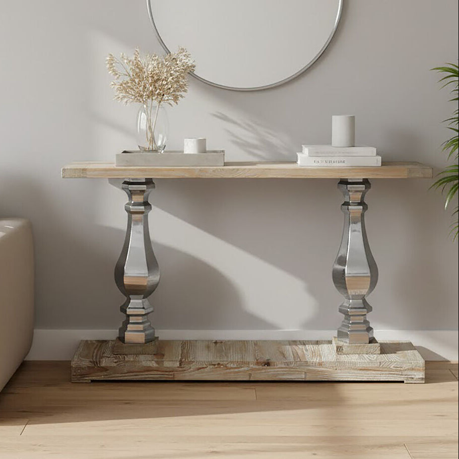 Brown Whitewash Pine Wooden Console Table with Carved Silver Pillar Columns and Brown Wooden Base, Richmond