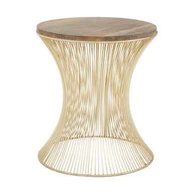 Natural Solid Rustic Wood Top Side Table with Gold Finish Metallic Hourglass Base, Templar