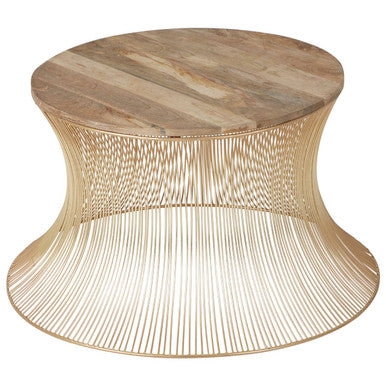 Gold Wooden Top Coffee Table with Metallic Hourglass Frame, Templar
