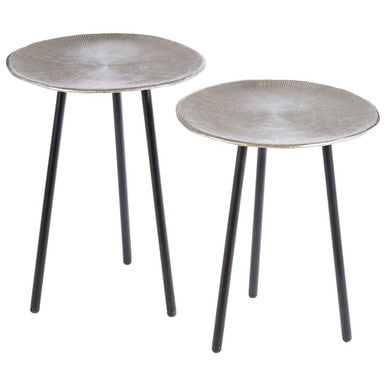 Set of Two Textured Nickel Round Side Tables with Distressed Aluminium Tops and Black Iron Legs, Templar