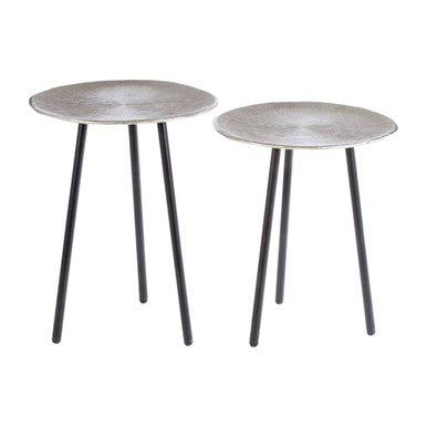 Set of Two Textured Nickel Round Side Tables with Distressed Aluminium Tops and Black Iron Legs, Templar