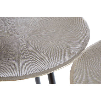 Set of Two Textured Nickel Round Side Tables with Distressed Aluminium Tops and Black Iron Legs, Templar