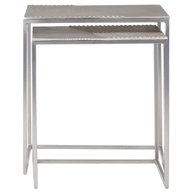 Silver Nickel Set of Two Rectangular Nesting Tables with Textured Aluminium Tops and Sleek Iron Frame, Templar