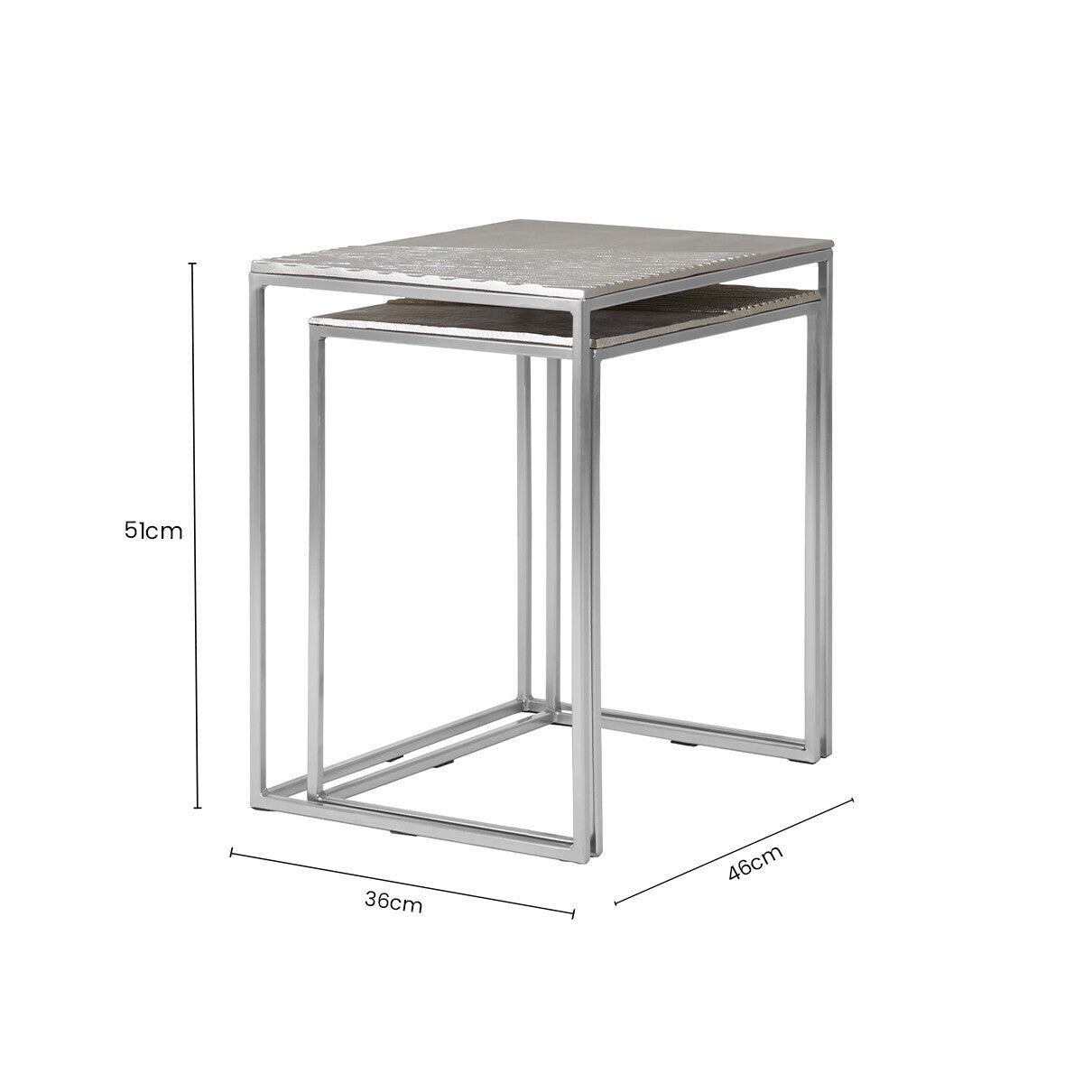Silver Nickel Set of Two Rectangular Nesting Tables with Textured Aluminium Tops and Sleek Iron Frame, Templar