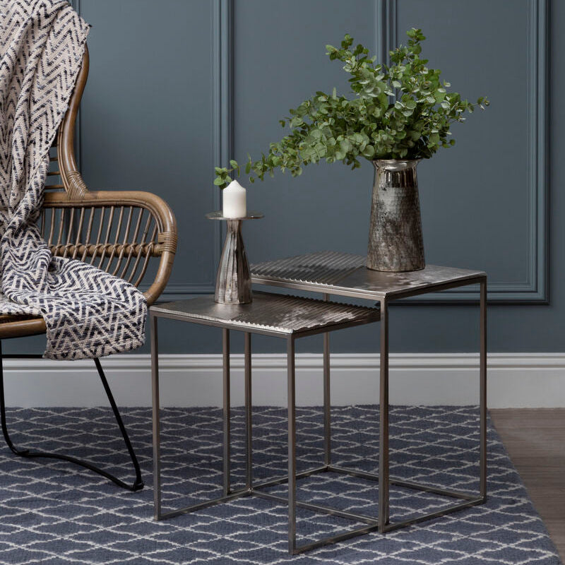 Silver Nickel Set of Two Rectangular Nesting Tables with Textured Aluminium Tops and Sleek Iron Frame, Templar