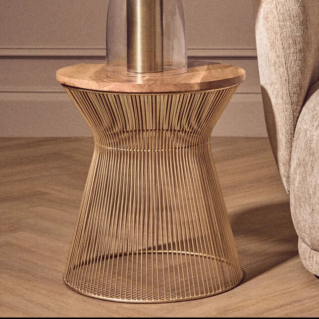 Natural Wood Top Small Coffee Table with Gold Open Wire Hourglass Design Base, Templar