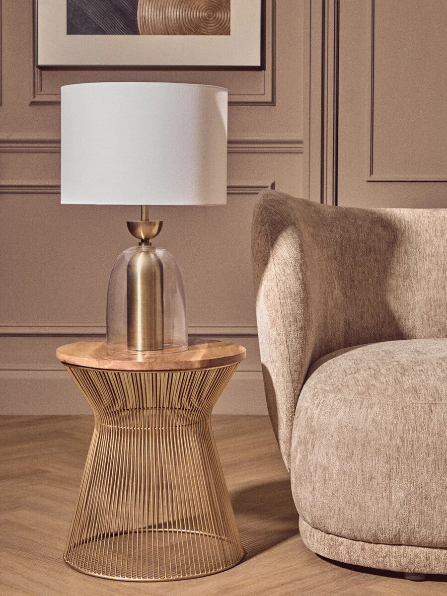 Natural Wood Top Small Coffee Table with Gold Open Wire Hourglass Design Base, Templar