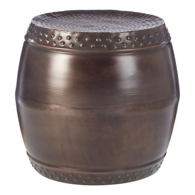 Metallic Brown Iron Set of 2 Drum Style Side Tables with Hammered Tops, Reza