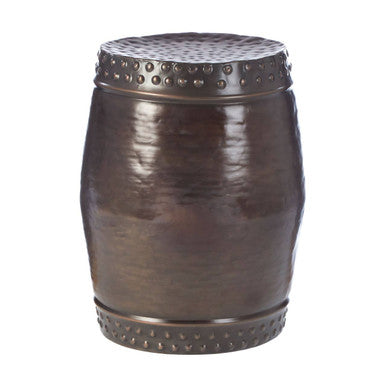 Metallic Brown Iron Set of 2 Drum Style Side Tables with Hammered Tops, Reza