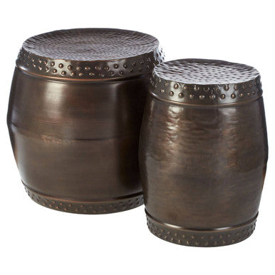 Metallic Brown Iron Set of 2 Drum Style Side Tables with Hammered Tops, Reza