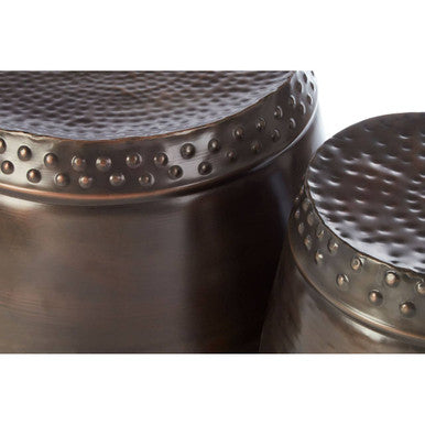 Metallic Brown Iron Set of 2 Drum Style Side Tables with Hammered Tops, Reza