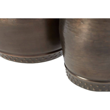 Metallic Brown Iron Set of 2 Drum Style Side Tables with Hammered Tops, Reza