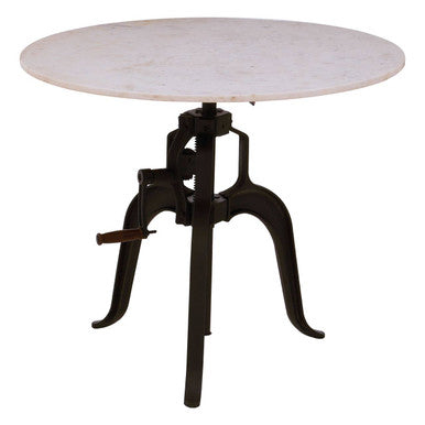 White Marble Top Small Bar Table with Black Iron Cabriole Legs and Crank Mechanism, Vasco