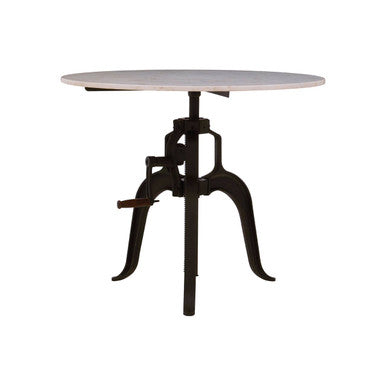 White Marble Top Small Bar Table with Black Iron Cabriole Legs and Crank Mechanism, Vasco
