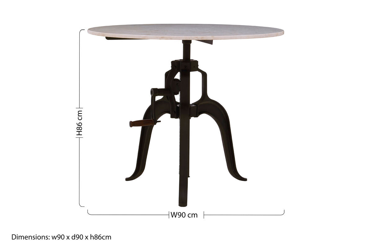 White Marble Top Small Bar Table with Black Iron Cabriole Legs and Crank Mechanism, Vasco
