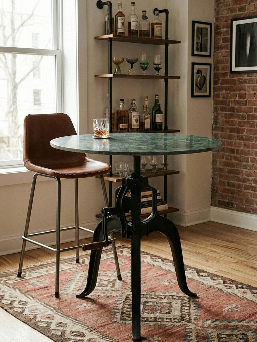 Green Marble Top Small Bar Table with Black Iron Cabriole Legs and Crank Mechanism, Vasco