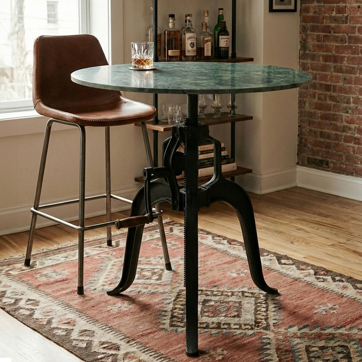 Green Marble Top Small Bar Table with Black Iron Cabriole Legs and Crank Mechanism, Vasco