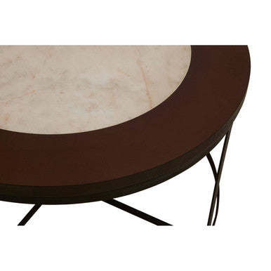 Brown Wood and White Marble Top Coffee Table with Black Iron Intersecting Base, Vasco