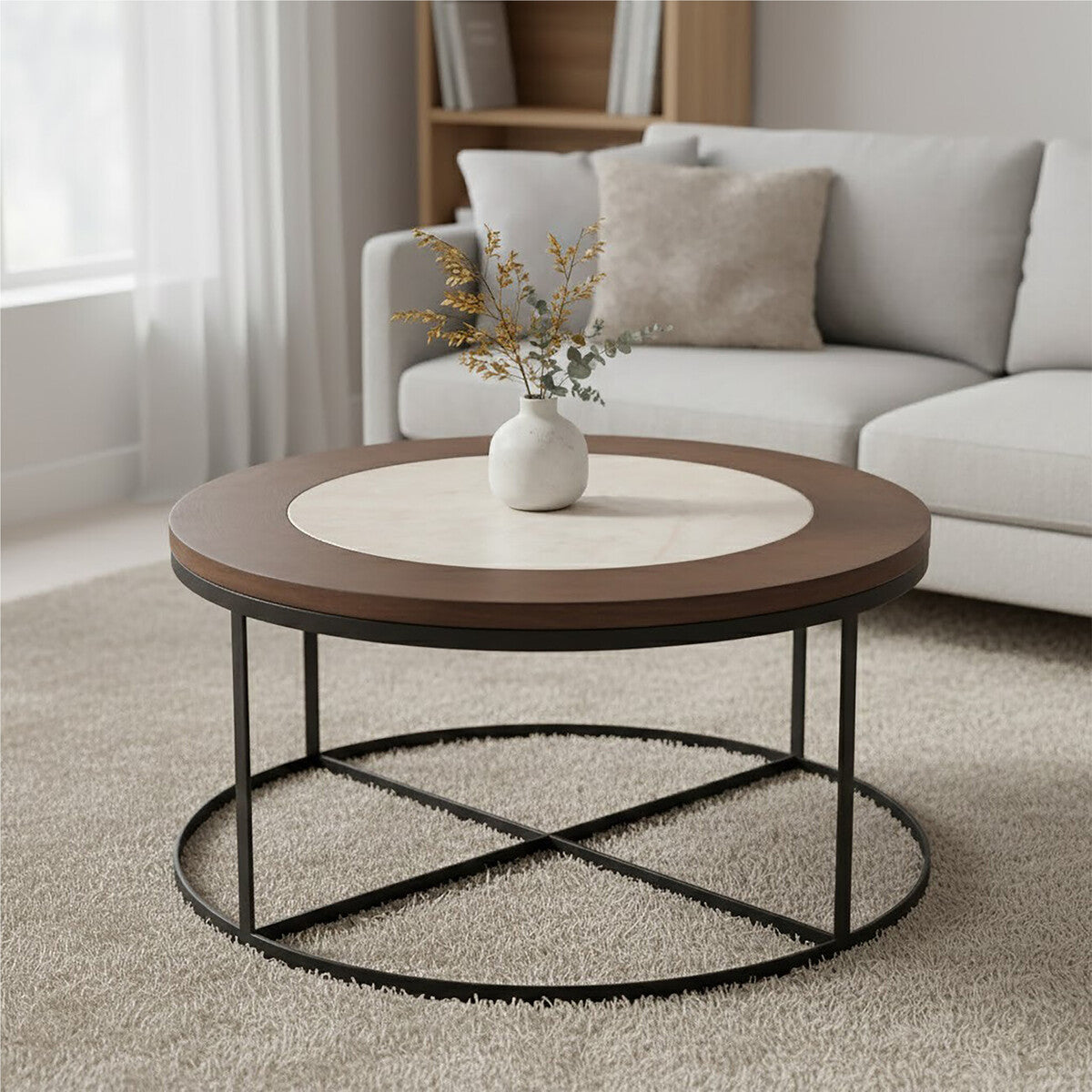 Brown Wood and White Marble Top Coffee Table with Black Iron Intersecting Base, Vasco