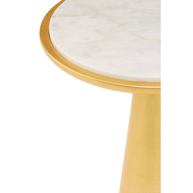White Marble Top Large Side Table with Gold Finish Conical Wood Base, Lino