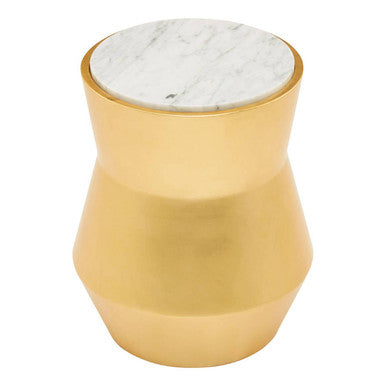Small Gold Drum Wood Side Table with White Marble Top, Lino