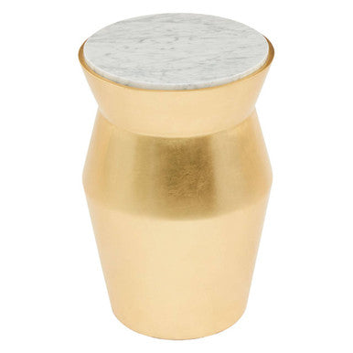 Large Gold Drum Wood Side Table with White Marble Top, Lino