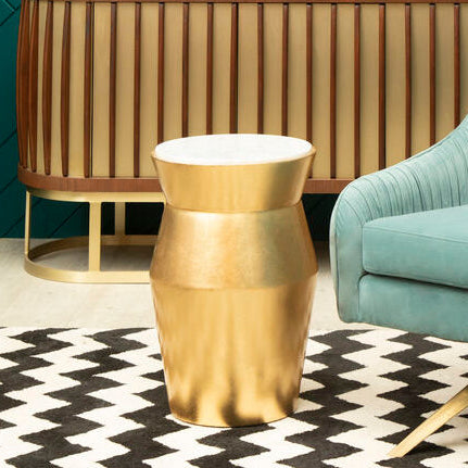 Large Gold Drum Wood Side Table with White Marble Top, Lino