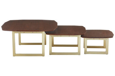 Set of 3 Brown Walnut Wood Nesting Side Tables with Gold Finish Metal Legs, Villi