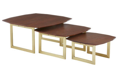 Set of 3 Brown Walnut Wood Nesting Side Tables with Gold Finish Metal Legs, Villi